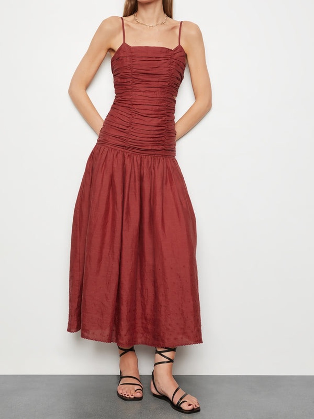 Posse Aurelia Dress Ruched Spaghetti-Strap Maxi Dress in Red Wine